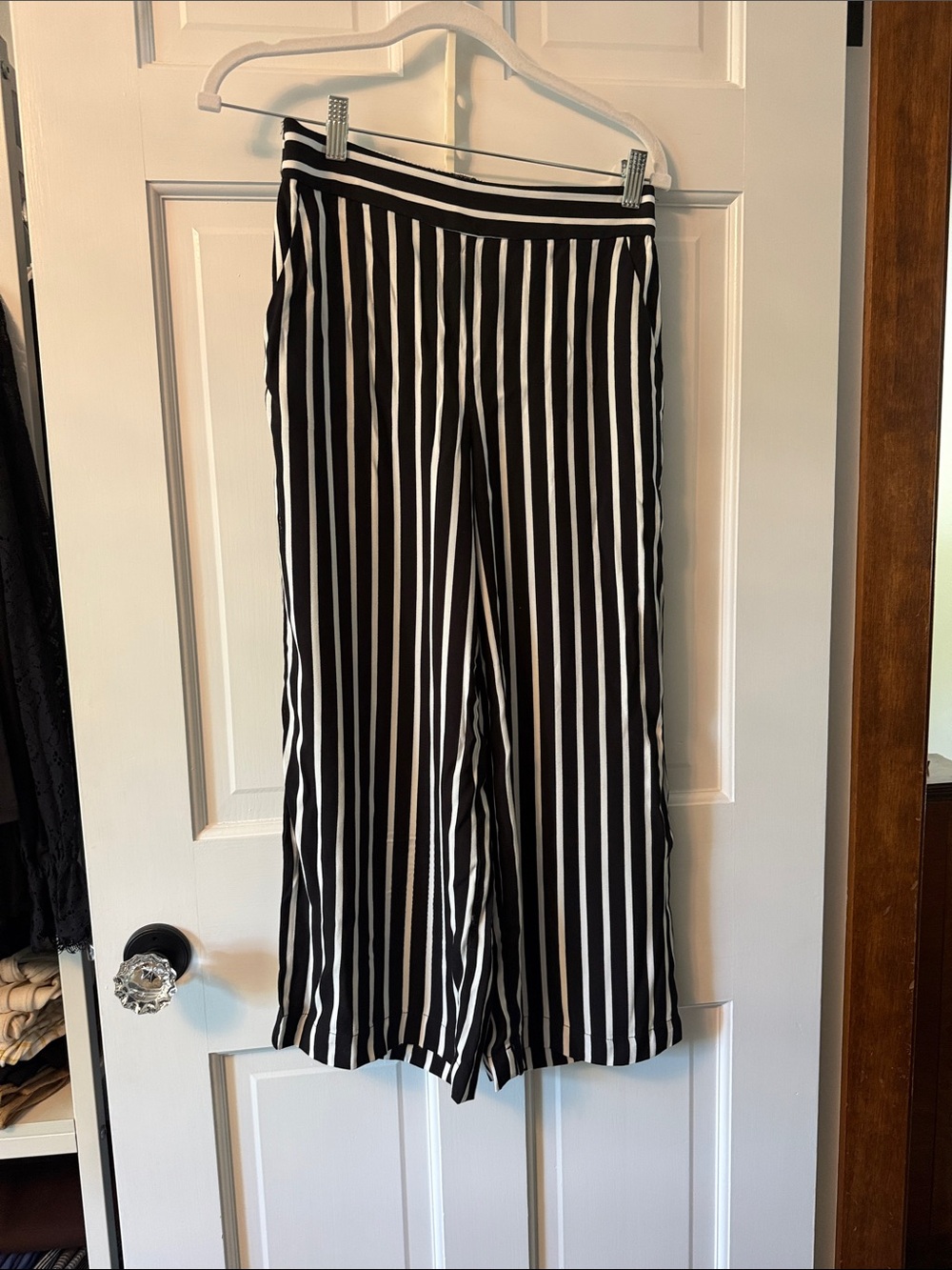 LOFT Black and White Vertical-Stripe Cropped Wide-Leg Pants